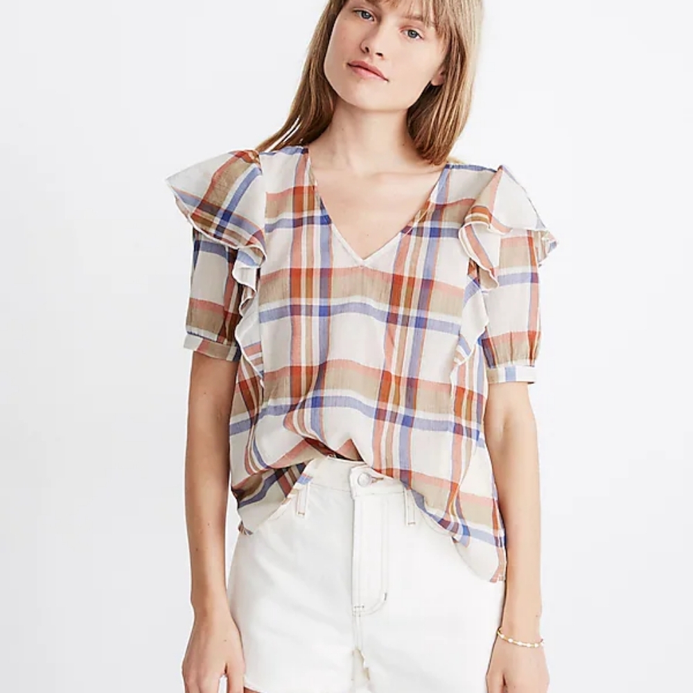 Madewell V-neck‎ Shoulder Ruffle Plaid Top